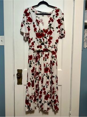 Lark & Grey Floral Wrap-Style Midi Dress in Cream with Red Roses